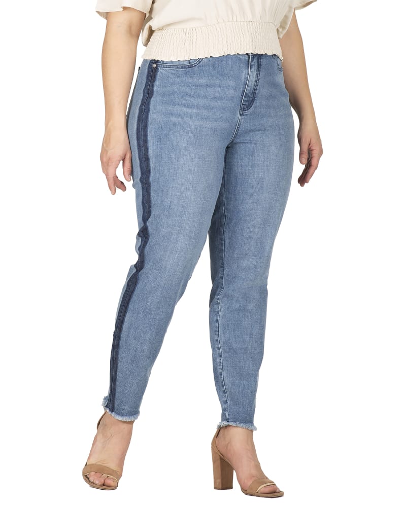 Front of a model wearing a size 14 Rebecca Striped Jeans in 3215 Shadow by Standards & Practices. | dia_product_style_image_id:276221